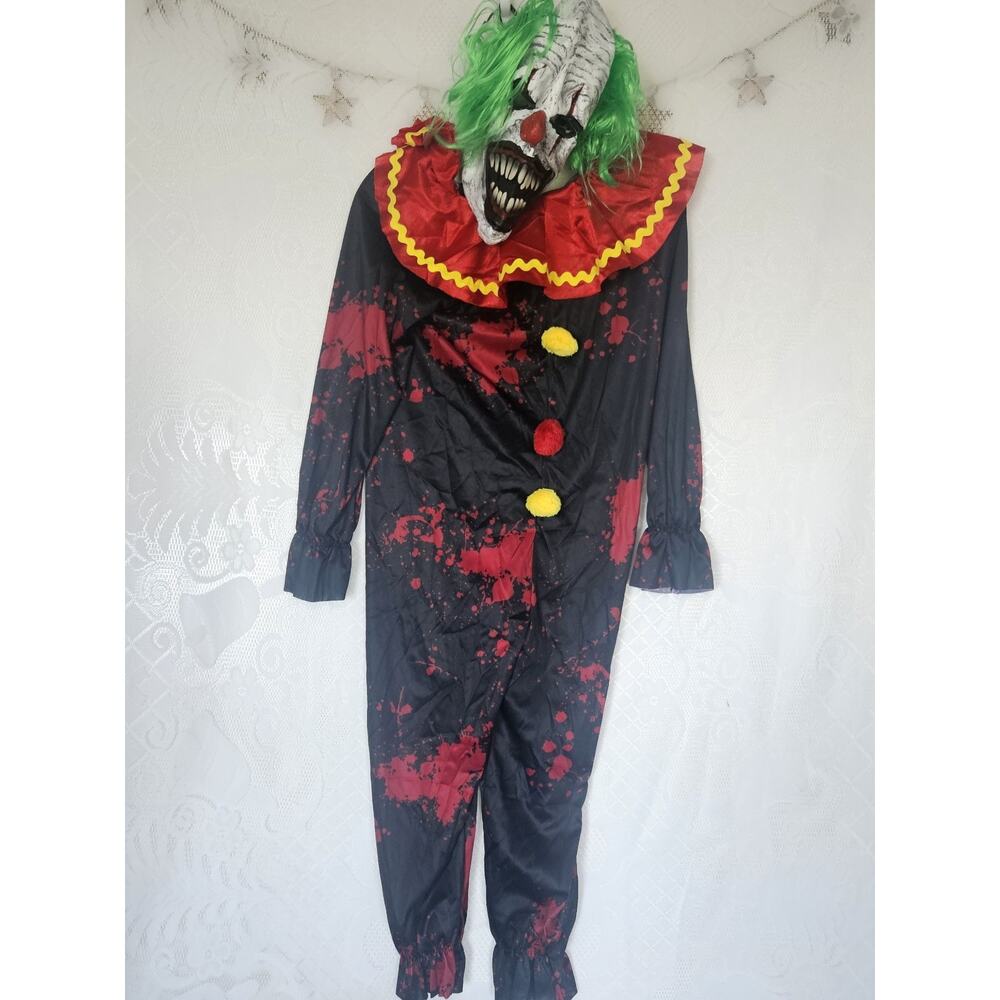 Creepy Clown Youth Medium Costume Outfit Green Hair Mask Gothic Horror Scary